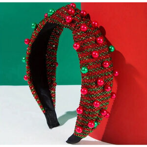 Christmas Shimmer Red and Green Striped Headband with Faux Pearl Embellishment